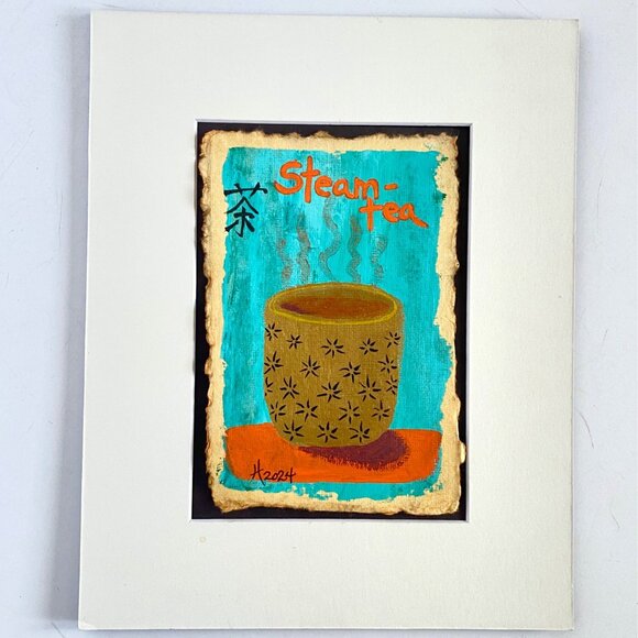 Steam Tea Original Art Acrylic Painting Mixed Media Matted Frame Ready 8x10in - Picture 5 of 6